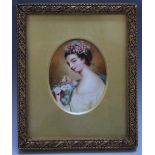 A LATE 19TH / EARLY 20TH CENTURY OVAL PORTRAIT MINIATURE OF A YOUNG LADY WITH A BUNCH OF FLOWERS, in