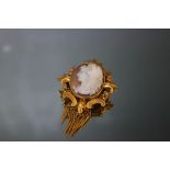 A GILT METAL CAMEO MOURNING BROOCH, the depicted figure having an usual big cat style head dress,