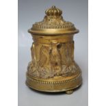 A VINTAGE ORMOLU STYLE CASE METAL INKWELL, with outstretched winged eagle decoration, H 12 cm