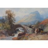 JAMES BURRELL SMITH (822-1897). A mountainous landscape with drover and cattle crossing a stone