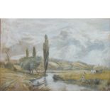 C. ROWBOTHAM. A late 19th / early 20th century wooded river landscape with figures haymaking,