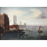 SARAH LOUISE KILPACK (1840-1909). A Thames dockland scene with The Houses of Parliament in