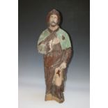 AN EARLY POLYCHROME PAINTED WOODEN FIGURE OF A FISHERMAN, H 70 cm