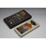 TWO MARBLE SPECIMEN PANEL DESK WEIGHTS, each inlaid with various coloured specimen marbles, L 20
