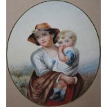 NINETEENTH CENTURY ENGLISH SCHOOL. An oval study of a mother and child in a landscape, hills beyond,