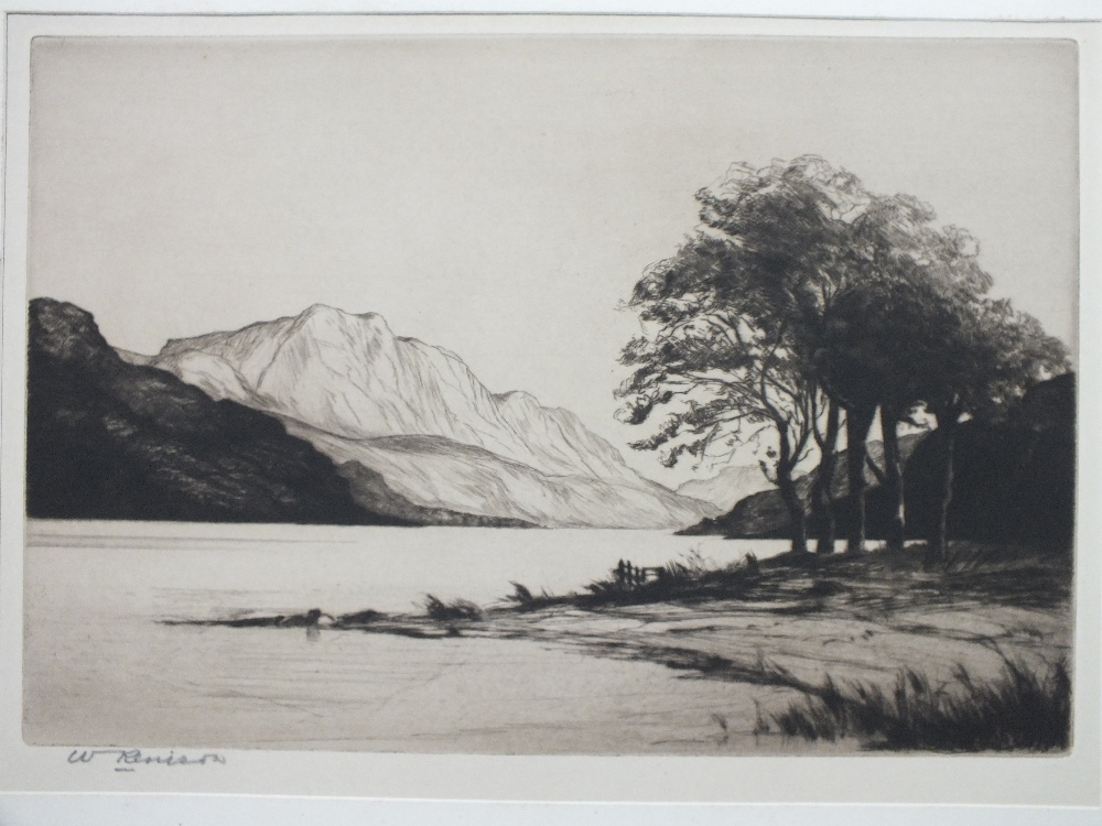 WILLIAM RENISON (1893-1938). A pair of mountainous wooded lake scenes, one signed in pencil lower - Image 7 of 8
