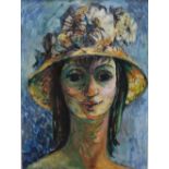 IRIS BLAIN (XX). Lady in a hat, signed lower right but indistinct, oil on board, framed, 40 x 29 cm