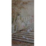 BERNARD KAUFMANN (XIX-XX). Study of a female on steps with doves, signed lower right, watercolour,