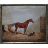 ENGLISH SCHOOL (XIX). A horse and a dog in a stable, oil on canvas, gilt framed, 24.5 x 29.5 cm