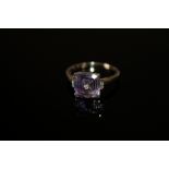 A HALLMARKED 9K GOLD AMETHYST AND DIAMOND RING, the amethyst measuring approx 10 mm x 10 mm ring