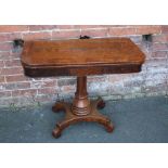 A 19TH CENTURY BURR OAK FOLD-OVER CARD TABLE, the hinged lid opening to a baize lined interior,