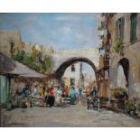 ITALIAN SCHOOL (XX). Street scene with figures, signed lower left but indistinct, oil on canvas,