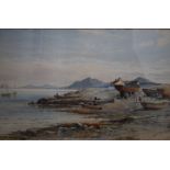 EDWARD ARDEN (1846-1909). Coastal shore scene with figures, cottage and boats, 'Arran from Bute',