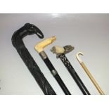 A COLLECTION OF THREE ASSORTED WALKING STICKS TO INCLUDE A CARVED BONE LION HEAD EXAMPLE, ebonised