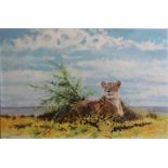 DHARBINDER S. BAMRAH. A recumbent lioness in an African landscape entitled "Spirit of Born Free",