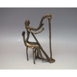 A MODERNIST CAST BRONZED FIGURE OF A SEATED HARPIST, indistinct makers mark to back of seat, overall