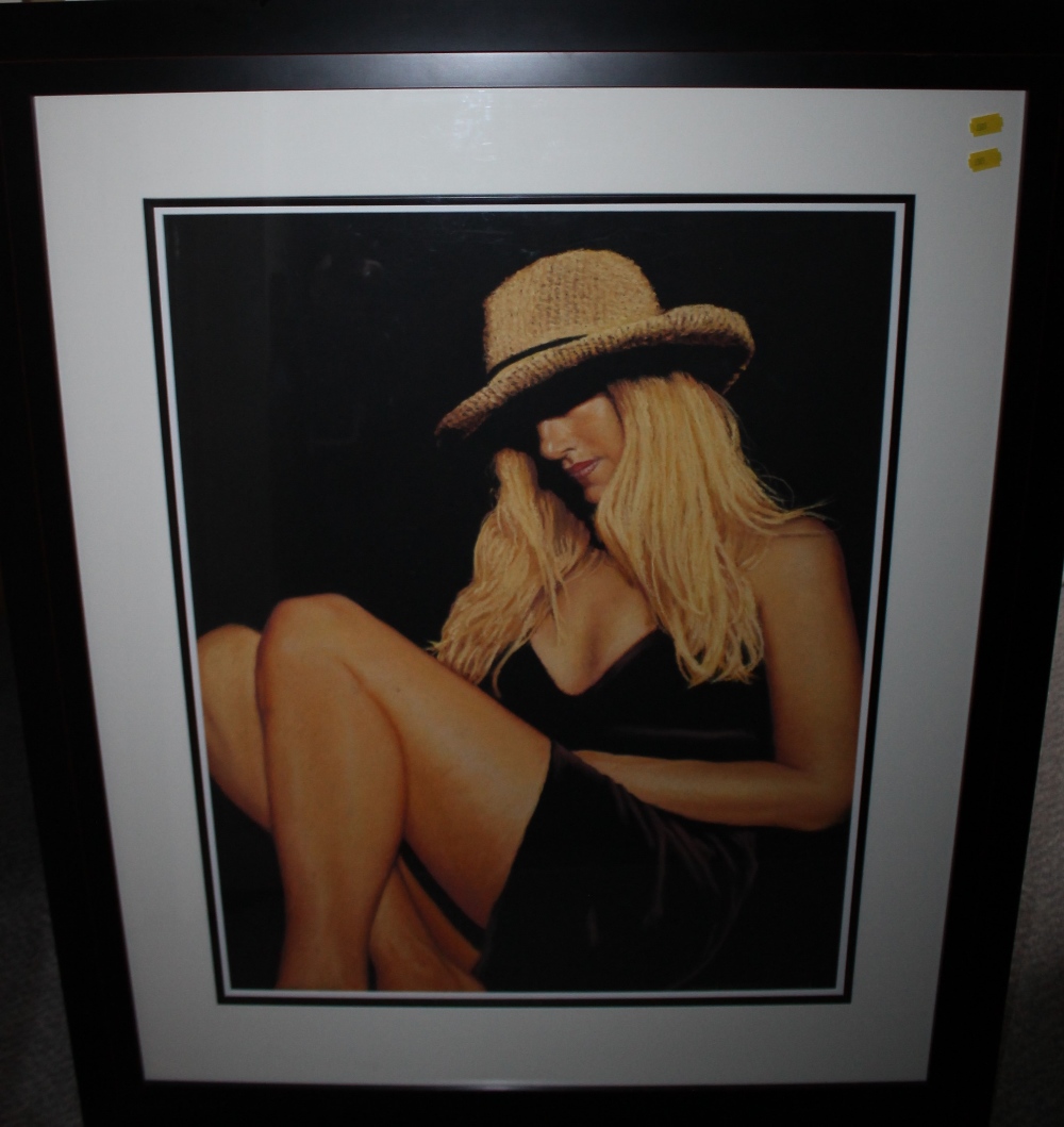 JOHN MOULD (1958). Lady in a black dress wearing a straw hat, signed lower right, pastel, framed and - Image 5 of 6