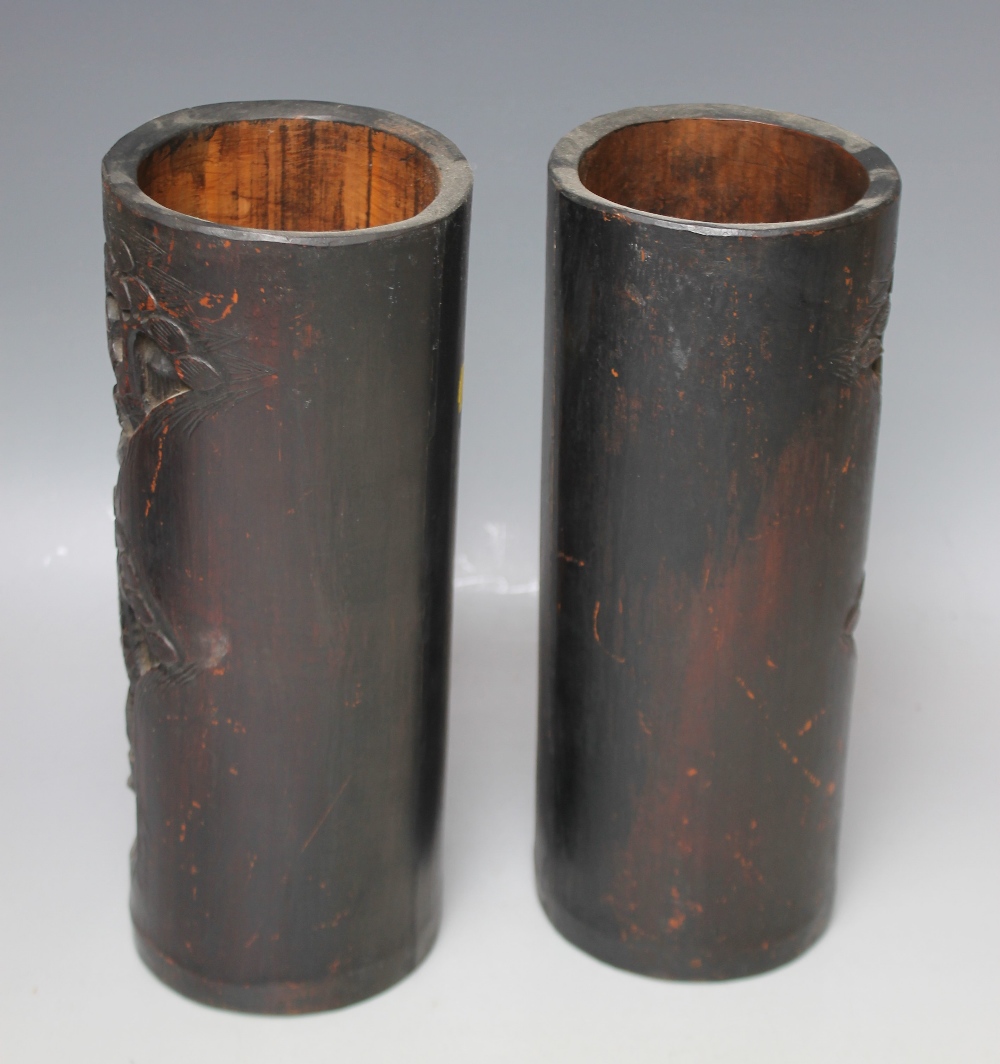 A PAIR OF ORIENTAL HARDWOOD CARVED BRUSH POTS, each typically carved with figures in a wooded - Image 4 of 6