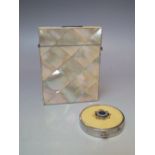 A VINTAGE MOTHER OF PEARL CARD CASE, H 10.5 cm, W 8 cm, D 0.8 cm, together with a small circular