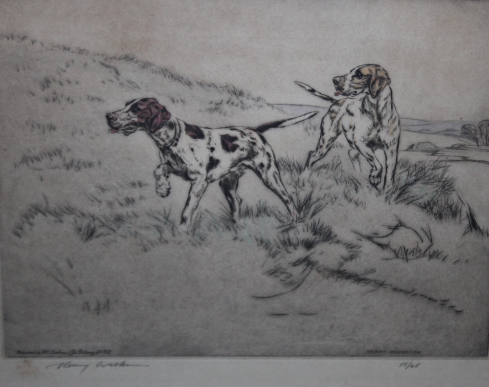 HENRY WILKINSON (1921-2011). Study of gun dogs, signed in pencil, etching, framed and glazed, 23 x
