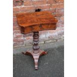 A 19TH CENTURY MAHOGANY WORK TABLE, the concave shaped lid opening to reveal a fitted interior,