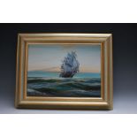 A. D. BELL. Seascape at sunset with sailing vessel in a heavy swell 'On into The Night', see verso,