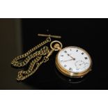 A HALLMARKED 9 CARAT GOLD OPEN FACED MANUAL WIND POCKET WATCH BY BENSON, with base metal chain,