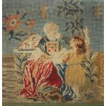 AN EARLY 20TH CENTURY WOOLWORK PICTURE OF A SEATED FIGURE WITH YOUNG GIRL, framed and glazed, 41 x