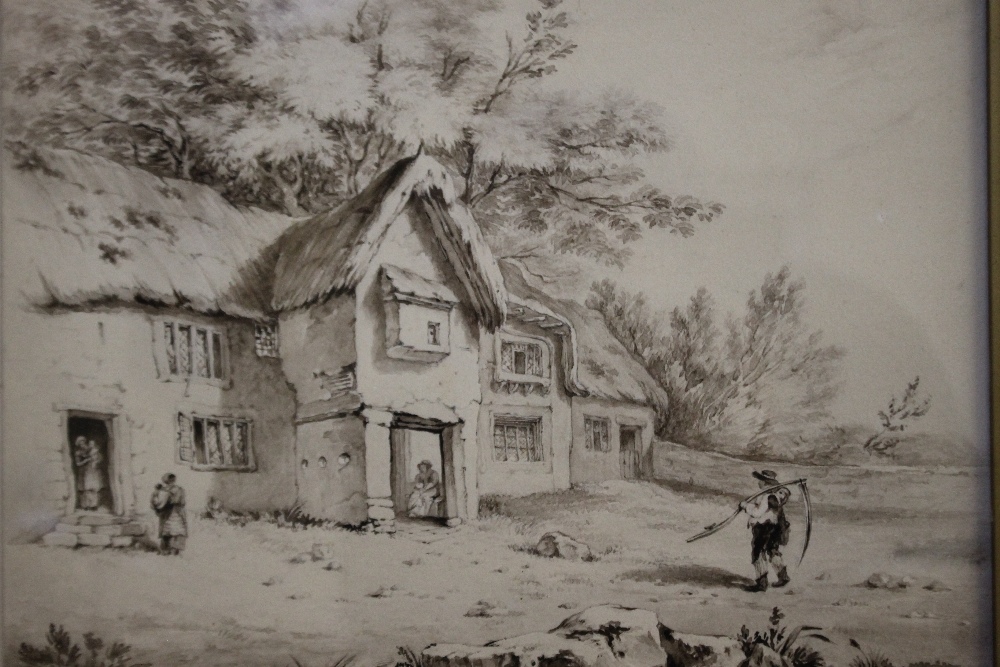 GUSTAV SINTZENICH (fl. 1809-1838). 'A Devonshire Cottage', with figures, see verso, signed lower - Image 3 of 6