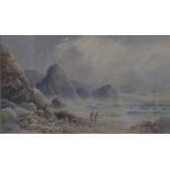 W. C. A stormy rocky coastal scene with figures on shore, signed with monogram and dated 1884