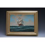 A. D. BELL. Seascape with sailing vessel in a heavy swell 'The Tea Clipper', see verso,signed and