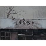 DEREK WILLIAMS. Winter scene with pigeons resting on a corrugated metal rook, signed lower right,