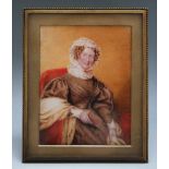 A NINETEENTH CENTURY PORTRAIT MINIATURE OF A SEATED LADY IN A BROWN DRESS AND WHITE BONNET, in a