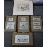FRANCIS MACHIN (1949-2007). A set of four original sketches of garden pagodas, buildings etc.,