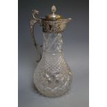 A CUT GLASS CLARET JUG WITH SILVER PLATED MOUNTS, H 28.5 cm