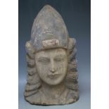 AN UNUSUAL CARVED WOODEN HEAD DEPICTING A FEMALE, faded painted decoration, H 45 cm