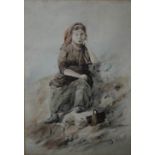 TOM DUDLEY. A study of a peasant woman sitting on a rocky outcrop with basket at her feet (see