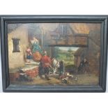 A 19TH CENTURY FARMYARD SCENE WITH FIGURES, HORSE, DOVES AND DUCKS, indistinctly signed and dated