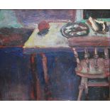 ABSTRACT SCHOOL (XX). Interior table scene, signed lower left but indistinct, oil on canvas, framed,