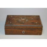 A 19TH CENTURY ROSEWOOD AND MARQUETRY BOX, with floral inlaid detail to the lid, central mother of