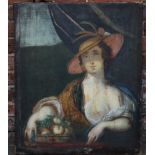 A LATE 18TH / EARLY 19TH CENTURY PORTRAIT STUDY OF A FEMALE FRUIT SELLER, with left breast bared,