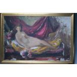 ARNOLD MACHIN (1911-1999). Study of a female nude, oil on canvas, gilt framed, 50 x 75 cm