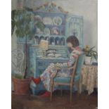 R. J. Twentieth century modern British school, an interior scene with seated woman at her bureau,