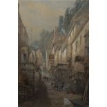 FREDERICK WILLIAM BOOTY (1840-1924). A street scene, Clovelly with donkeys and figures, signed,