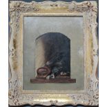 A 19TH CENTURY STUDY OF A DOG RESTING IN A KENNEL, signed lower right, oil on panel, framed, 26 x 21