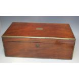 A 19TH CENTURY MAHOGANY AND BRASS INLAID MAHOGANY WRITING SLOPE, the hinged lid opening to reveal