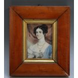 A LATE 19TH / EARLY 20TH CENTURY PORTRAIT MINIATURE OF A LADY IN A BLUE DRESS WITH WHITE SHAWL