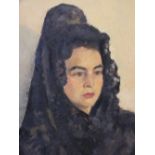 AN EARLY 20TH CENTURY IMPRESSIONIST PORTRAIT STUDY OF A SPANISH LADY IN BLACK NATIONAL DRESS,