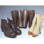 TWO SETS OF VINTAGE LEATHER HALF CHAPS, together with a pair of vintage hobnail boots and a pair