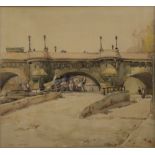 FRED LAWSON (1888-1968). A horse drawn carriage by London bridge, signed lower left, watercolour,